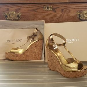 Jimmy Choo t-strap gold wedges 38